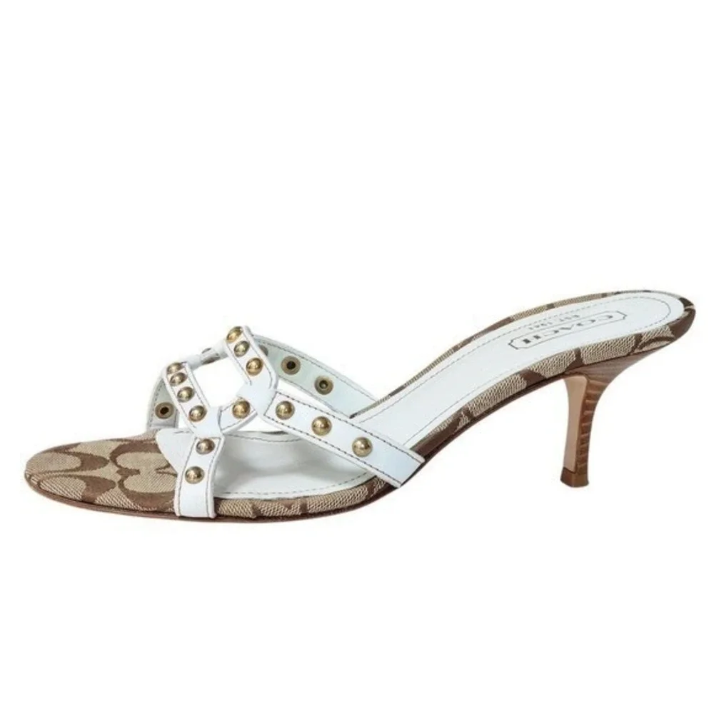 Coach Candice Khaki White Monogram Studded Kitten Heel Sandals P553 Size 9